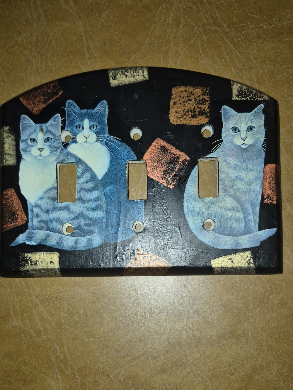 Ceramic Blue Cat Triple Light Switch Plate Cover - Decorative Wall Hook Accent